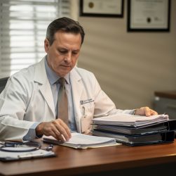 Médecin libéral assis dans un cabinet fermé, travaillant sur des dossiers et des factures posés sur le bureau, ambiance sobre, lumière naturelle, rendu réaliste.
