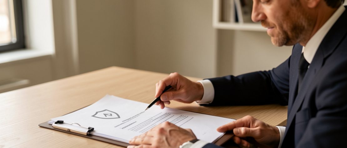 Un homme dirigeant indépendant dans un bureau moderne, consultant et organisant des documents liés à la protection sociale, avec une ambiance professionnelle rassurante et une lumière douce.