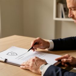 Un homme dirigeant indépendant dans un bureau moderne, consultant et organisant des documents liés à la protection sociale, avec une ambiance professionnelle rassurante et une lumière douce.