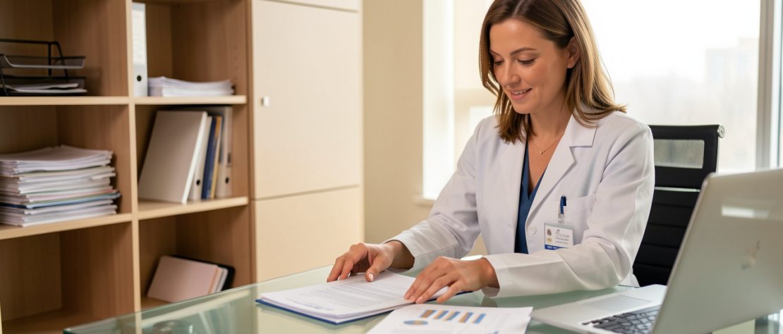 Une femme médecin consulte et organise des documents financiers dans un cabinet moderne, ambiance professionnelle rassurante, éclairage doux et style photographique réaliste.