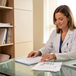 Une femme médecin consulte et organise des documents financiers dans un cabinet moderne, ambiance professionnelle rassurante, éclairage doux et style photographique réaliste.