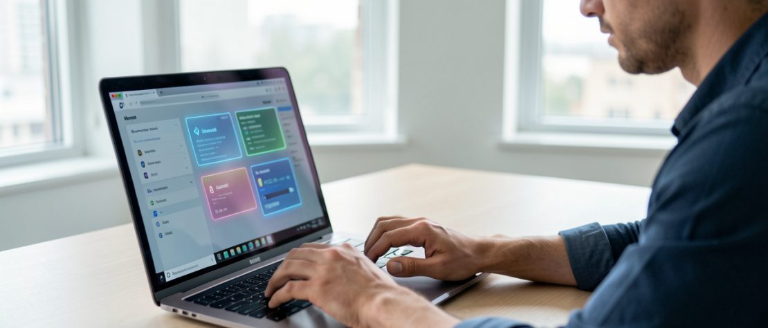Un homme analyse des services numériques sur un ordinateur portable dans un bureau moderne et lumineux.
