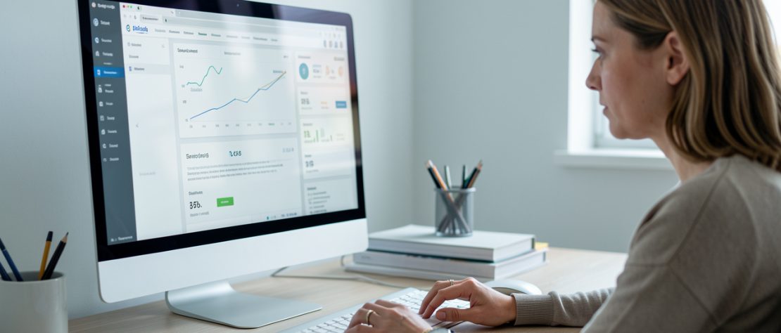 Une femme belge, au bureau, utilise un ordinateur pour analyser plusieurs tableaux de bord numériques, ambiance professionnelle et sobre, éclairage doux et rendu photo réaliste.