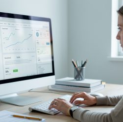 Une femme belge, au bureau, utilise un ordinateur pour analyser plusieurs tableaux de bord numériques, ambiance professionnelle et sobre, éclairage doux et rendu photo réaliste.
