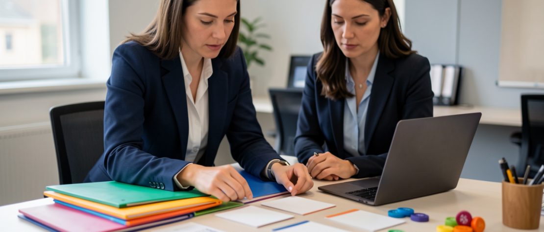 Une consultante organise des dossiers et des indicateurs colorés pour classer les prospects après un salon professionnel.