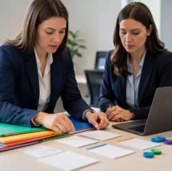Une consultante organise des dossiers et des indicateurs colorés pour classer les prospects après un salon professionnel.