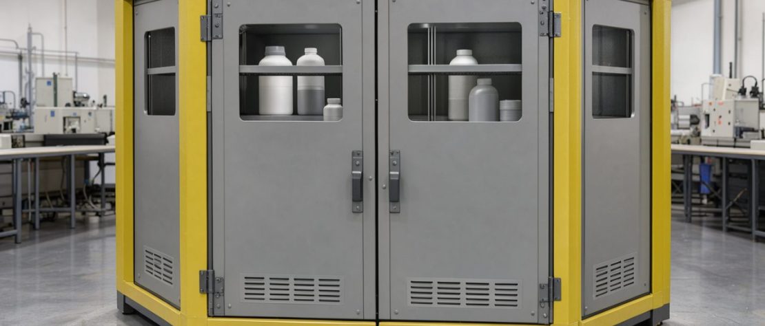 Armoire de sécurité coupe-feu fermée, équipée d'étagères de rétention et contenant des récipients chimiques non marqués dans un environnement industriel propre.