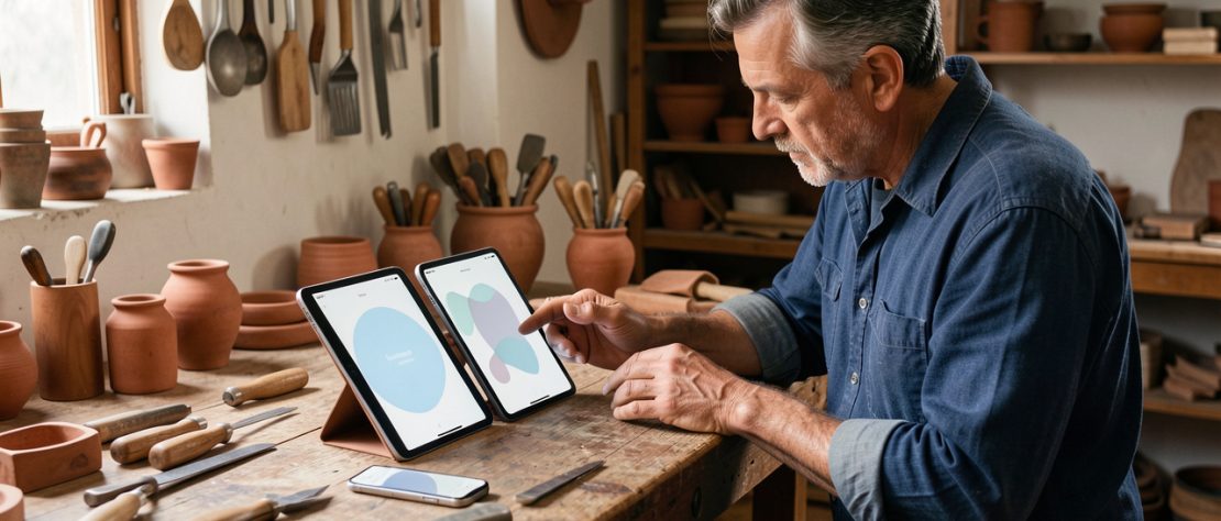 Un artisan local compare un smartphone et une tablette dans son atelier afin de choisir le canal numérique le plus adapté à son activité.
