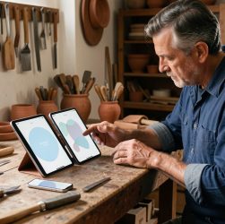 Un artisan local compare un smartphone et une tablette dans son atelier afin de choisir le canal numérique le plus adapté à son activité.