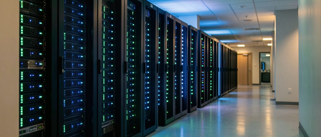Salle de serveurs moderne éclairée par des voyants bleus et verts, évoquant la reprise sécurisée des services après une cyberattaque.