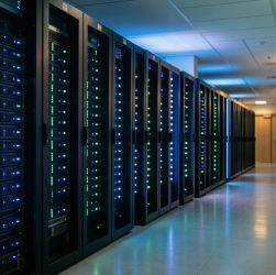 Salle de serveurs moderne éclairée par des voyants bleus et verts, évoquant la reprise sécurisée des services après une cyberattaque.