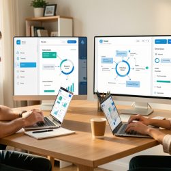 Un homme et une femme travaillent à distance et coordonnent un flux commercial organisé pour éviter les relances en double.