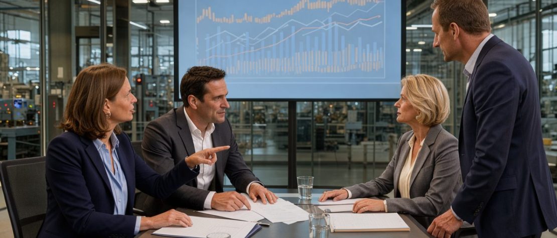 Réunion de direction dans une salle de conseil d’une entreprise industrielle, avec quatre cadres et des graphiques abstraits projetés sur un écran.