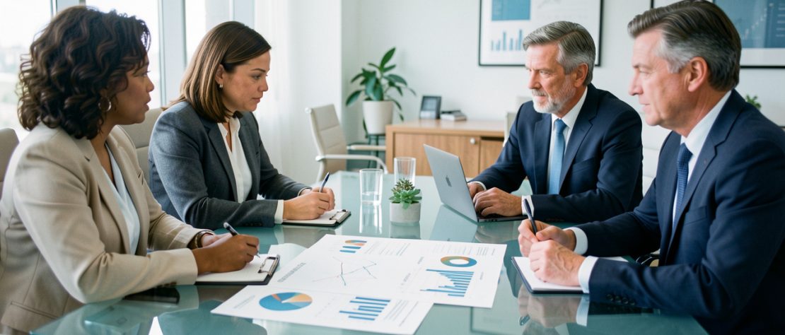 Réunion de gouvernance dans un groupe de cliniques privées, avec des dirigeants analysant des indicateurs financiers et de qualité des soins autour d’une table.