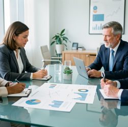 Réunion de gouvernance dans un groupe de cliniques privées, avec des dirigeants analysant des indicateurs financiers et de qualité des soins autour d’une table.