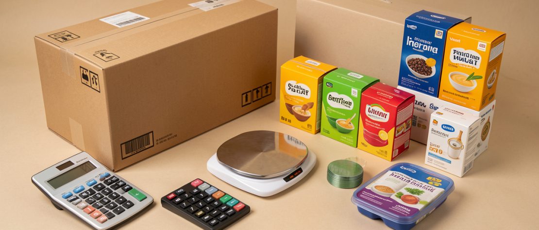 Espace de travail e-commerce avec colis, calculatrice, balance et produits illustrant une stratégie de remise maîtrisée sans vente à perte.