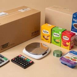 Espace de travail e-commerce avec colis, calculatrice, balance et produits illustrant une stratégie de remise maîtrisée sans vente à perte.